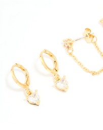 Lovisa - Gold Plated Brass Cubic Zirconia Heart & Chunky Huggie Earrings 4-Pack