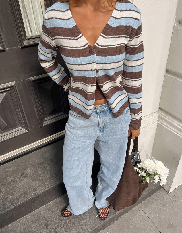 Beginning Boutique - Misha Brown and Blue Stripe Button Down Cardigan