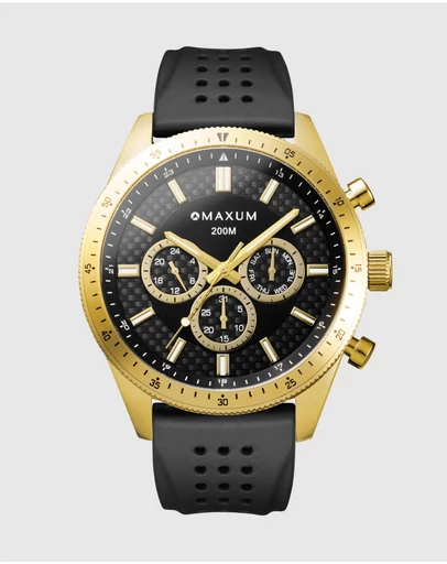 Maxum - Lansdowne Multifunction Chrono Gold Tone Case, Black Dial & Black Silicone Band