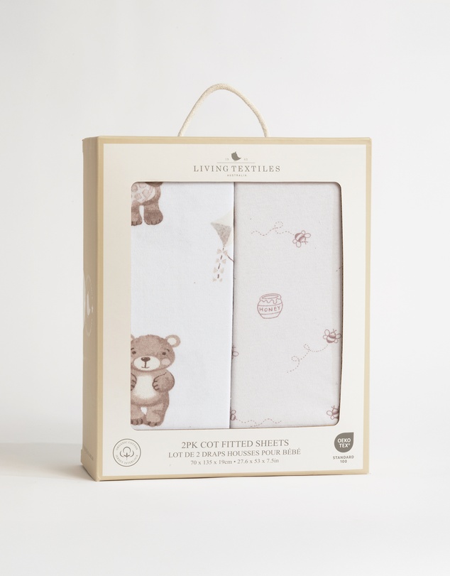 Living Textiles - 2 Pack Organic Cot Fitted Sheet - Cuddly Bear