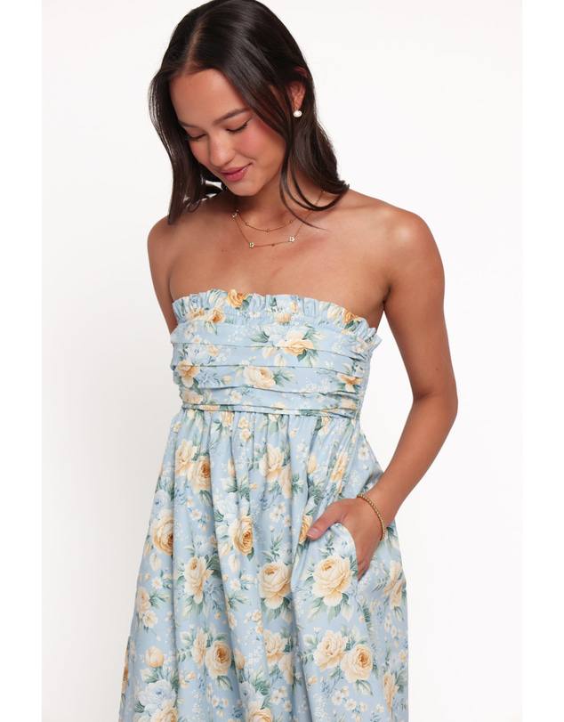Petal & Pup - Ivara Strapless Maxi Dress - Blue Vintage Floral
