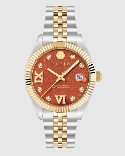Philipp Plein - Philipp Plein Date Superlative 34mm Orange Dial Recycled Two-Tone Stainless Steel Bracelet Watch
