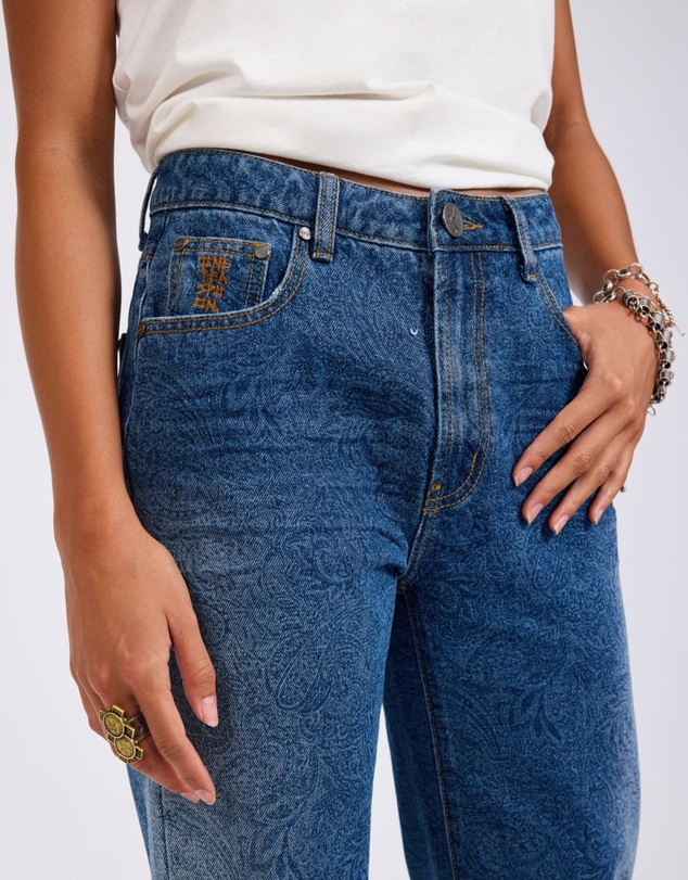 ONE TEASPOON - Slims High Waist Cropped Slim Fit Denim Jeans - Blue Paisley