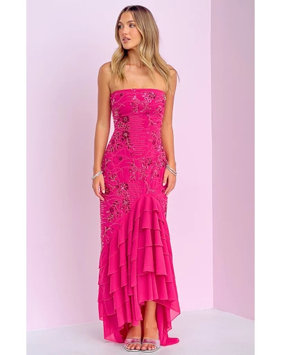 Beginning Boutique - Khai Pink Ruffle Maxi Scarf Beaded Dress