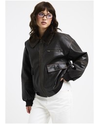 Alice In The Eve - Cody Fur Trim Distressed PU Jacket