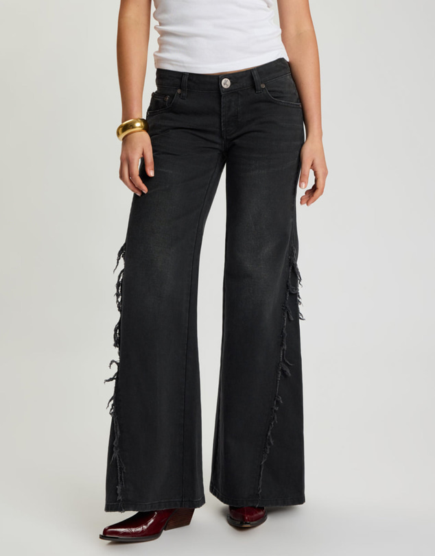 ONE TEASPOON - Johnnies Low Waist Wide Leg Flared Denim Jeans - Smokey Black