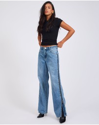ONE TEASPOON - Low Riders Low Waist Wide Leg Zipped Denim Jeans - Pretty Blue