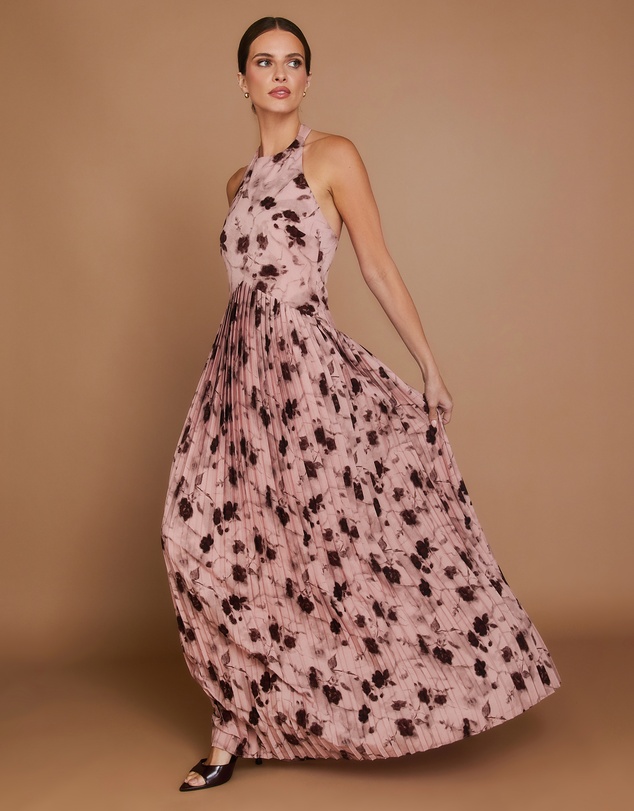 Six Stories - Floral Halter Neck Pleated Ruffle Maxi Dress