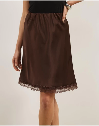 Atmos&Here - Lauren Satin Bias Knee Length Skirt With Lace Hem