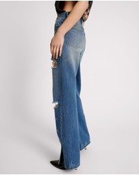 ONE TEASPOON - Shredded Gold Billie Low Slung Straight Leg Mid Waist Denim Jeans