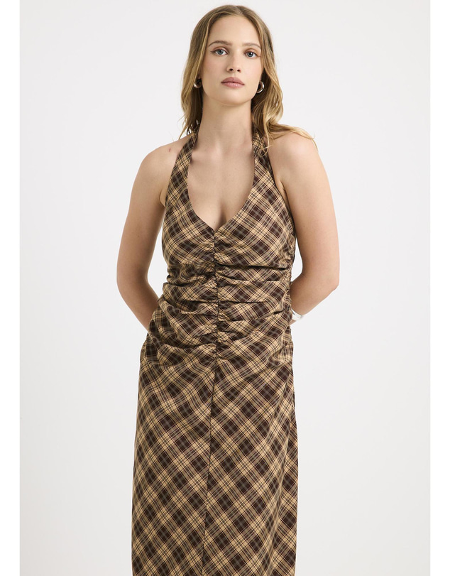 Insight - Kiera Ruched Check Halter Maxi Dress