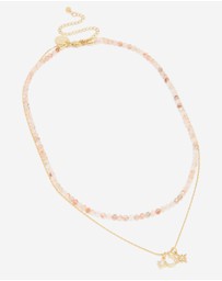 Lovisa - Waterproof Gold Plated Stainless Steel Rose Quartz Semi Precious Stone & Celestial Layered Necklace