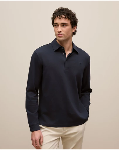 Trenery - Micro Pique Monogram Long Sleeve Polo in Navy