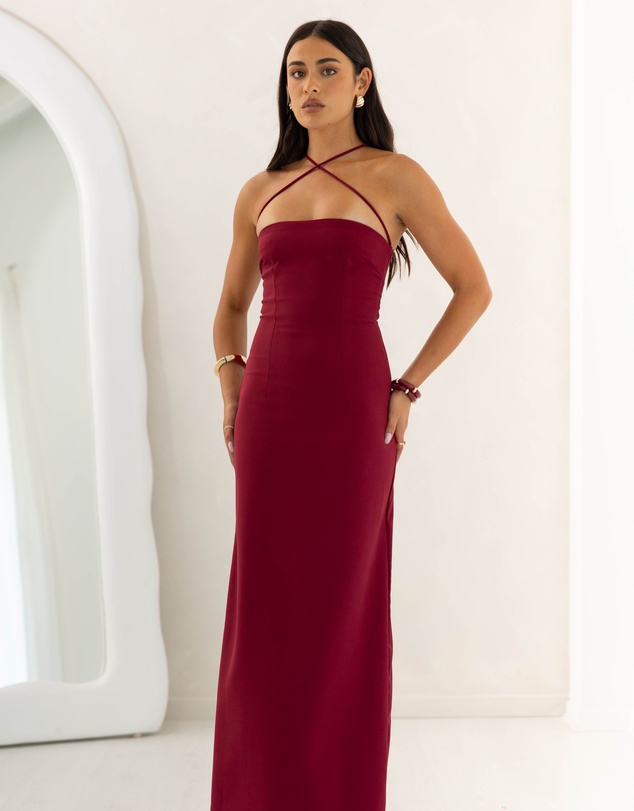 Beginning Boutique - Del Mar Burgundy Crepe Formal Maxi Dress