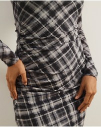 Atmos&Here - Ada Check Printed Mesh Long Sleeve Dress