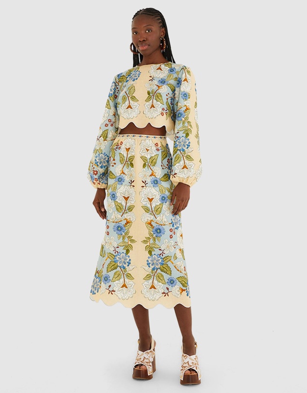 Farm Rio - Garden Scarf Blue Midi Skirt