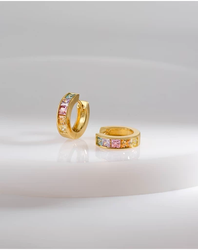 Wanderlust + Co - Rainbow Gem Gold 10mm Huggie Earrings