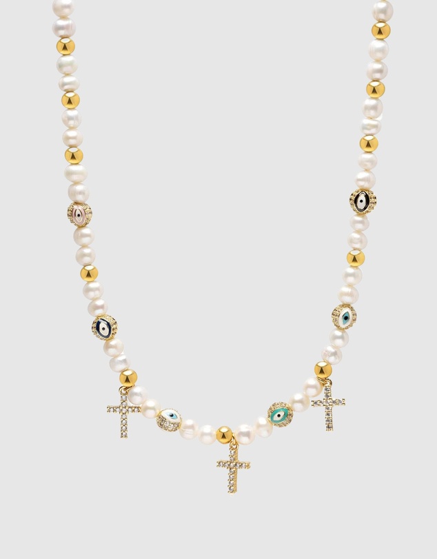 Nialaya Jewellery - Men's Cross Pearl Choker with Evil Eyes