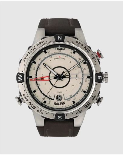 TIMEX - Timex Tide-Temp Compass 45mm Silver-tone case with Brown Leather Strap