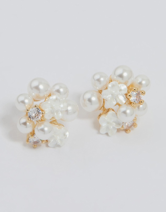 Lovisa - Gold Plated Cubic Zirconia Pearl Cluster Stud Earrings