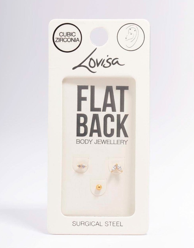 Lovisa - Gold Plated Surgical Steel Cubic Zirconia Double Marquise Flat Back 3-Pack