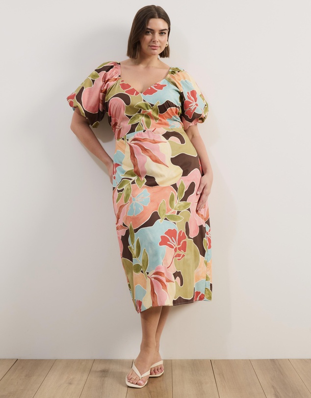 Atmos&Here Curvy - Kiki Puff Sleeve Cotton Poplin Midi Dress