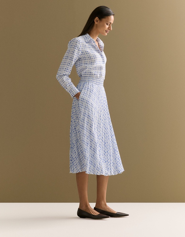 Trenery - Geo Grid Print Pull On Pleated Skirt in Cornflower Blue