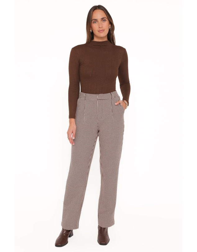 Petal & Pup - Jessie Straight Leg Trouser Pants - Brown Houndstooth