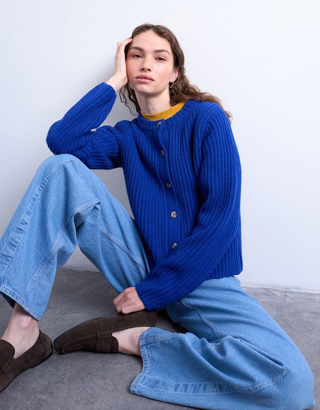 TOPSHOP - Knitted Ribbed Crew Relaxed Button Cardigan