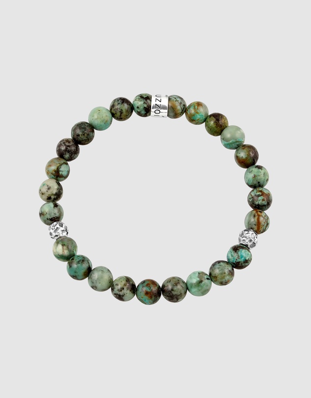 Kuzzoi - ICONIC EXCLUSIVE - Bracelet Male Turquoise Greenish-Brown Beads 925 Sterling Silver