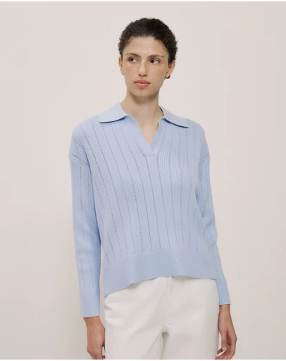 Trenery - Cotton Cashmere Fine Cable Polo in Blue Marble
