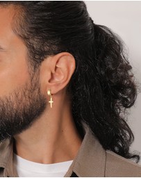 Kuzzoi - ICONIC EXCLUSIVE - Earrings Men Creole Cross Single Piece in 925 Sterling Silver Gold Plated