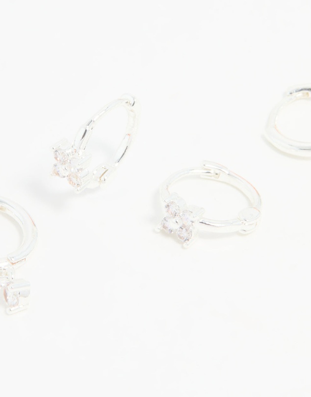 Lovisa - Silver Plated Brass Diamante Baguette Flower Hoop & Stud Earrings 4-Pack