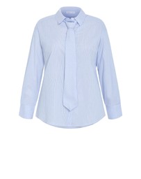 City Chic - Plus size Neck Tie Cotton Stripe Shirt - sky blue