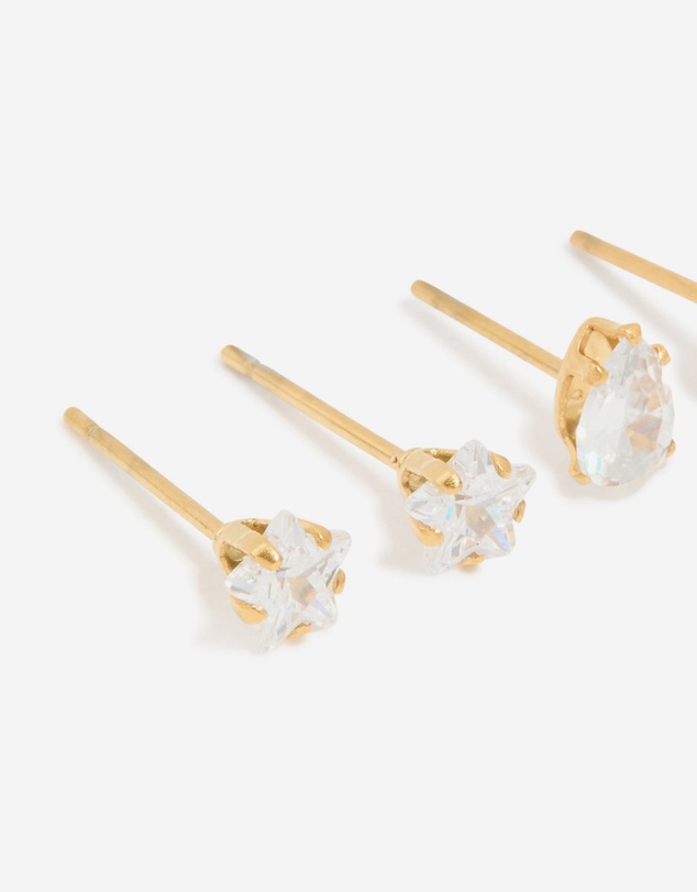 Lovisa - Waterproof Gold Plated Stainless Steel Cubic Zirconia Mixed Cut Stud Earrings 3-Pack