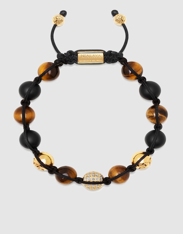 Nialaya Jewellery - Men's Beaded Bracelet with Gold, CZ Diamond, Matte Onyx, and Brown Tiger Eye