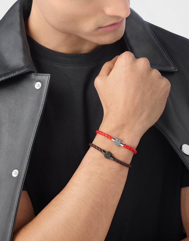Philipp Plein - PLEIN TAG Silver-Tone  Red Leather Bracelet