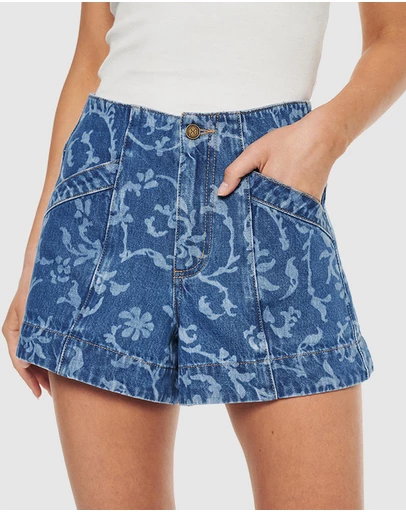 KIVARI - Laguna Printed Denim Shorts