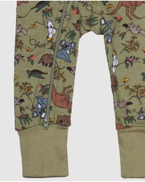 B Free Intimate Apparel - 100% Organic 2-Way Zip Sleepsuit - Baby & Toddler Khaki Native Aussie Animals
