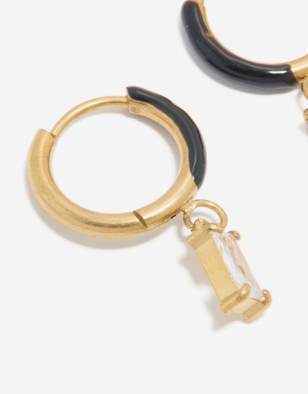Lovisa - Waterproof Gold Plated Stainless Steel Black Enamel Cubic Zirconia Charm Huggie Earrings
