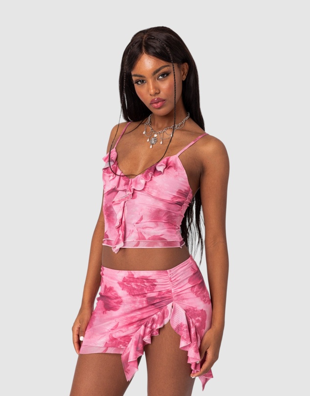 EDIKTED - Wanda Printed Mesh Ruffled Tank Top