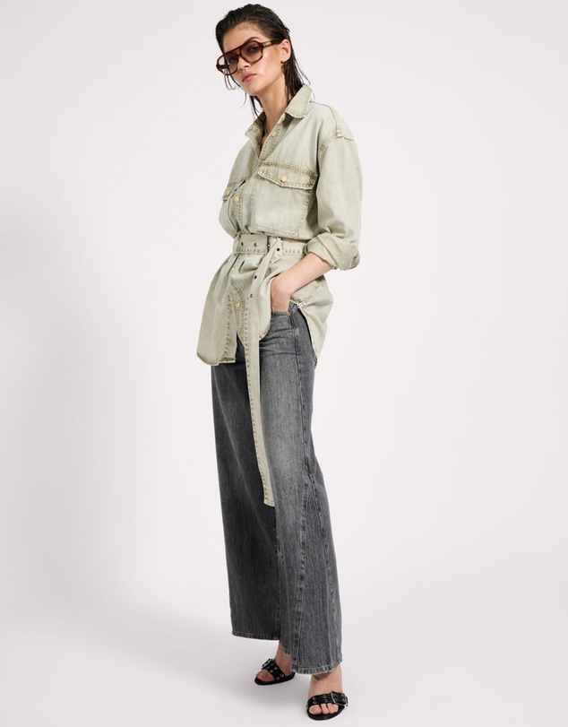 ONE TEASPOON - Belted Longline Denim Shirt - Antique Khaki