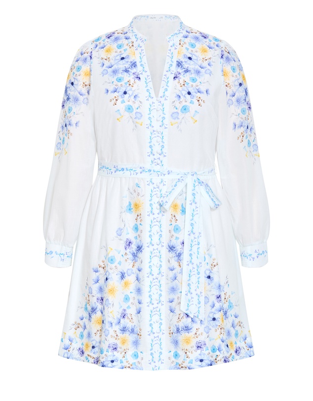 City Chic - Plus size Elia Blue Patrice Print Mini Dress - ivory