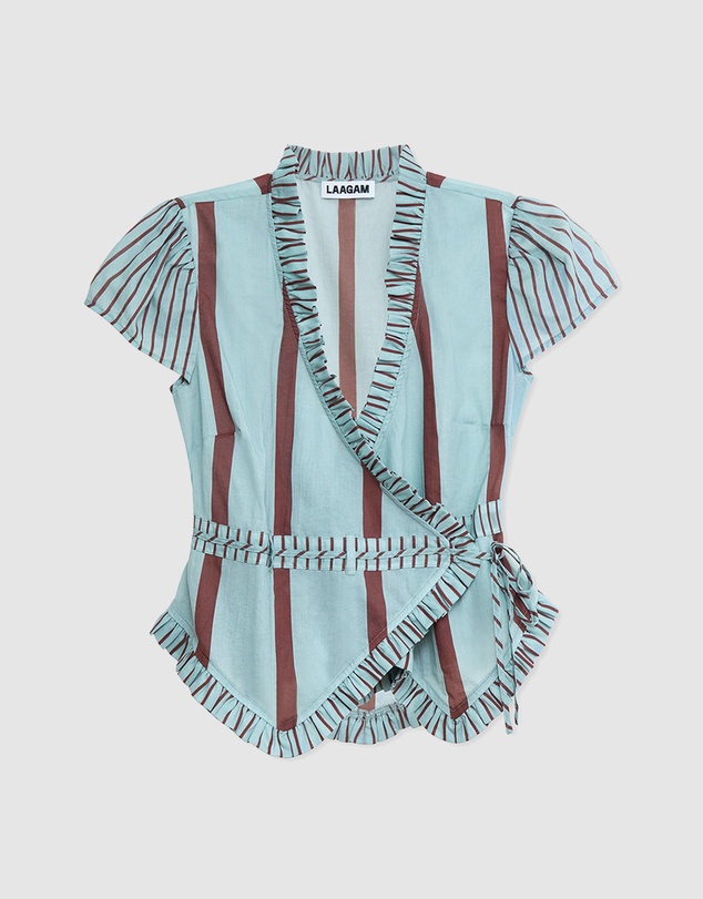 Laagam - Atena Turquoise Striped Wrap Blouse