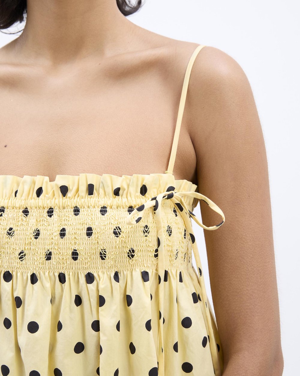 damson madder yellow polka dot dress Meri Mini Wear as a dress or optionally style as a skirt Damson Madder Lilo Polka-Dot Cotton-Poplin