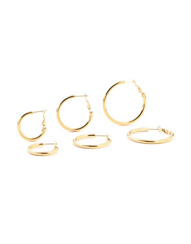 Lovisa - Waterproof Gold Plated Stainless Steel Large Basic Hoop Earrings 3-Pack