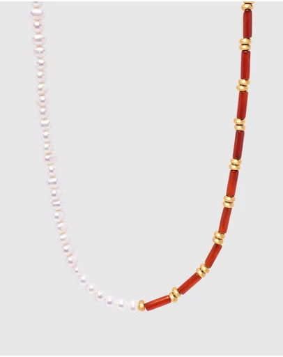 Nialaya Jewellery - Pearl Choker with Red Agate