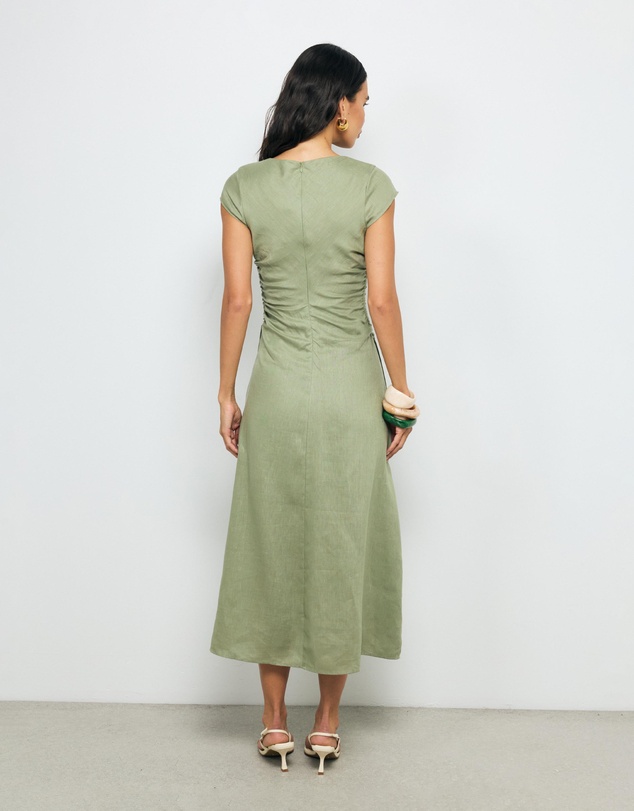 AERE - Lucia Ruched Linen Midi Dress
