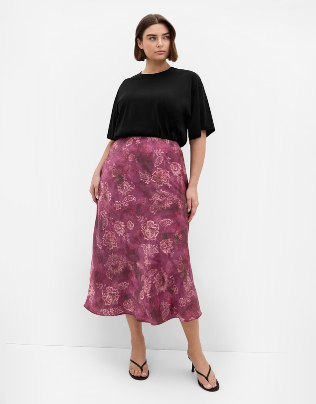 City Chic - Plus size Miranda Lace Print Midi Skirt - mulberry