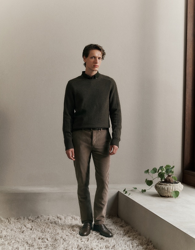 Trenery - Merino Cable Detail Crew in Winter Moss